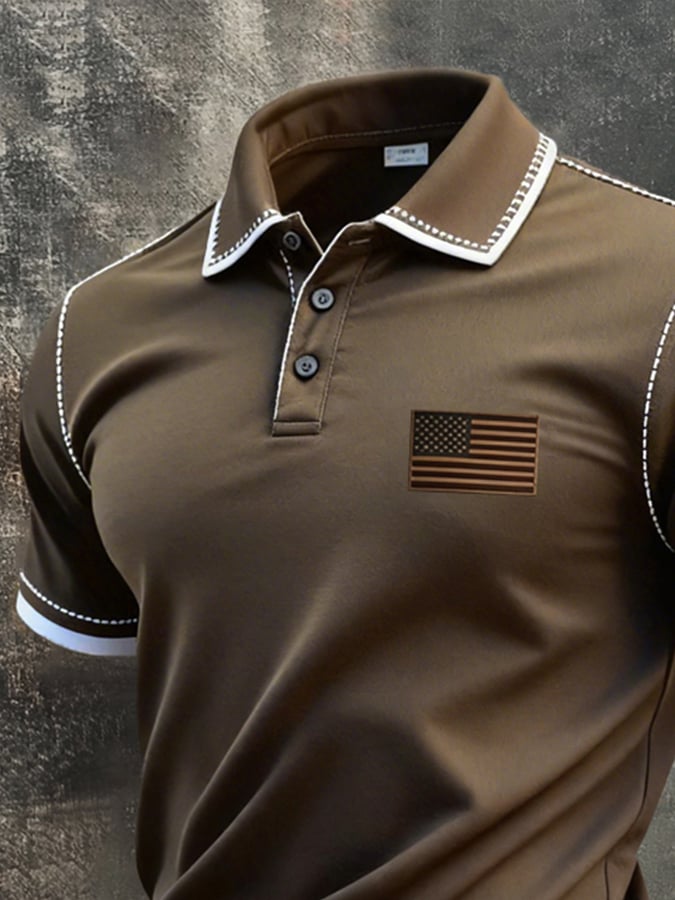 Men's Retro Patriotic Color-Block Short-Sleeve Polo Shirt