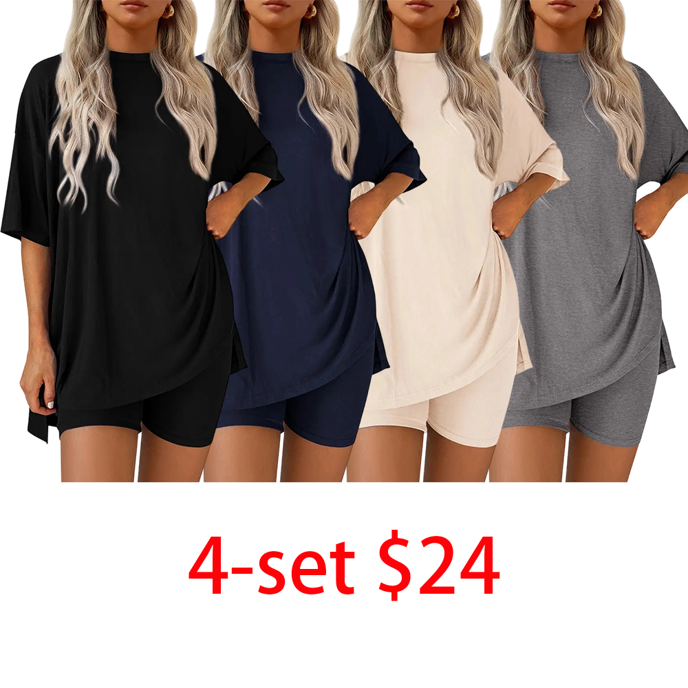 Last Chance! 4 Sets for $24 – Today Only! Women's Crewneck Two-Piece Set – Oversized Split Hem Shirt & Side Pocket Biker Shorts Soft Viscose Lounge Wear Pajamas