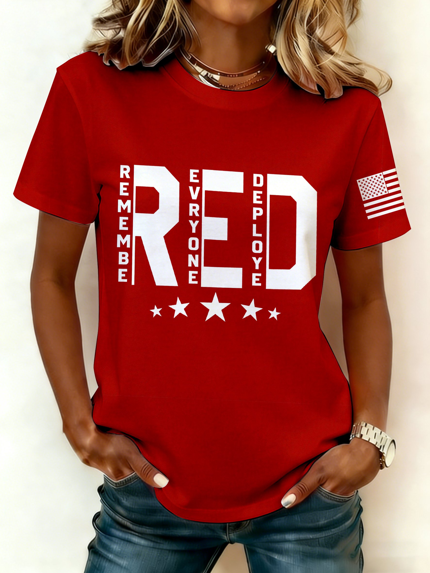 Women's Red Friday Printed Crew Neck Short-Sleeve T-shirt