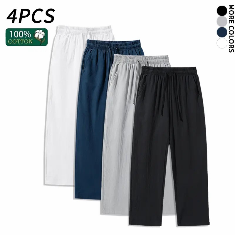 4-Pack 100% Cotton Linen Wide Leg Pants | Breathable Drawstring Summer Pants for Men & Women