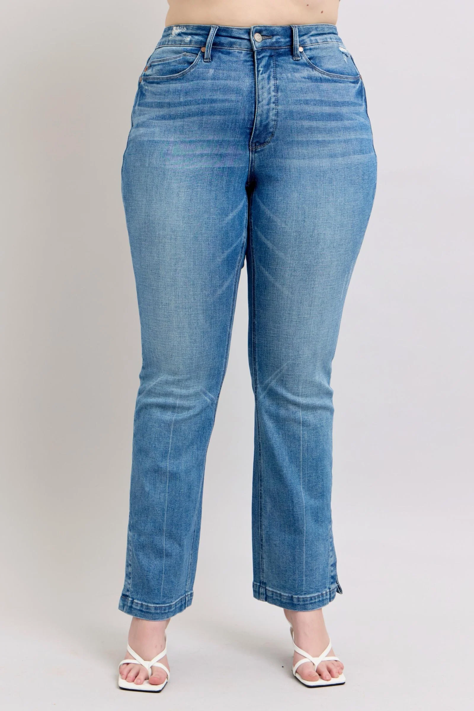 Blue Full Size High Waist Tummy Control Vintage Wash Side Slit Slim Boot Jeans