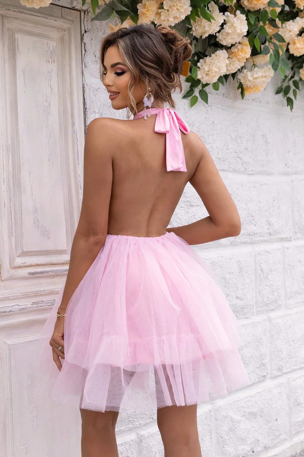 Halter Neck Backless Mesh Dress - Multiple Colors