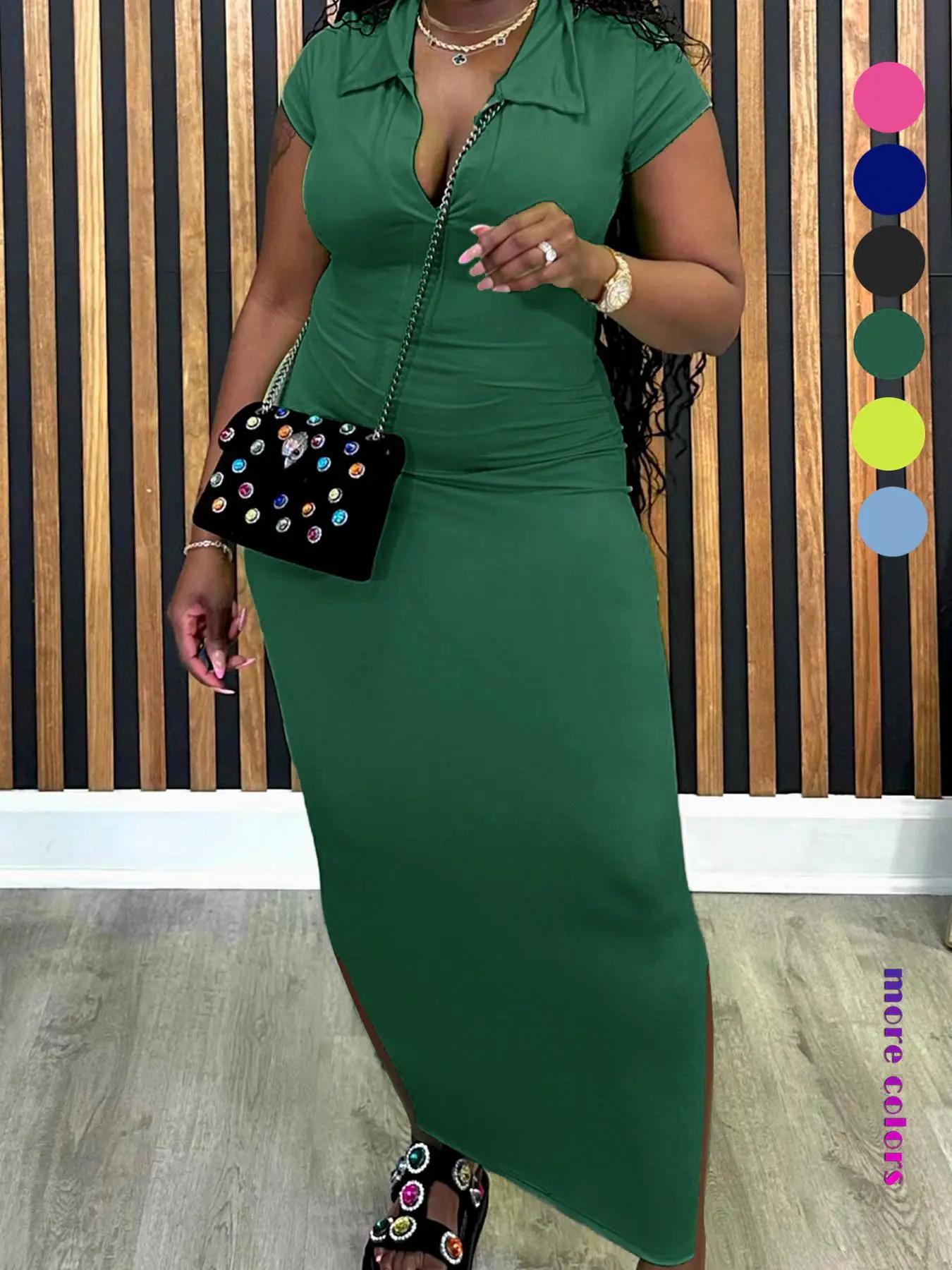 Women's Plain Collar Bodycon Dress, Solid Color Short Sleeve Long Dress, Ladies Clothes for All Seasons