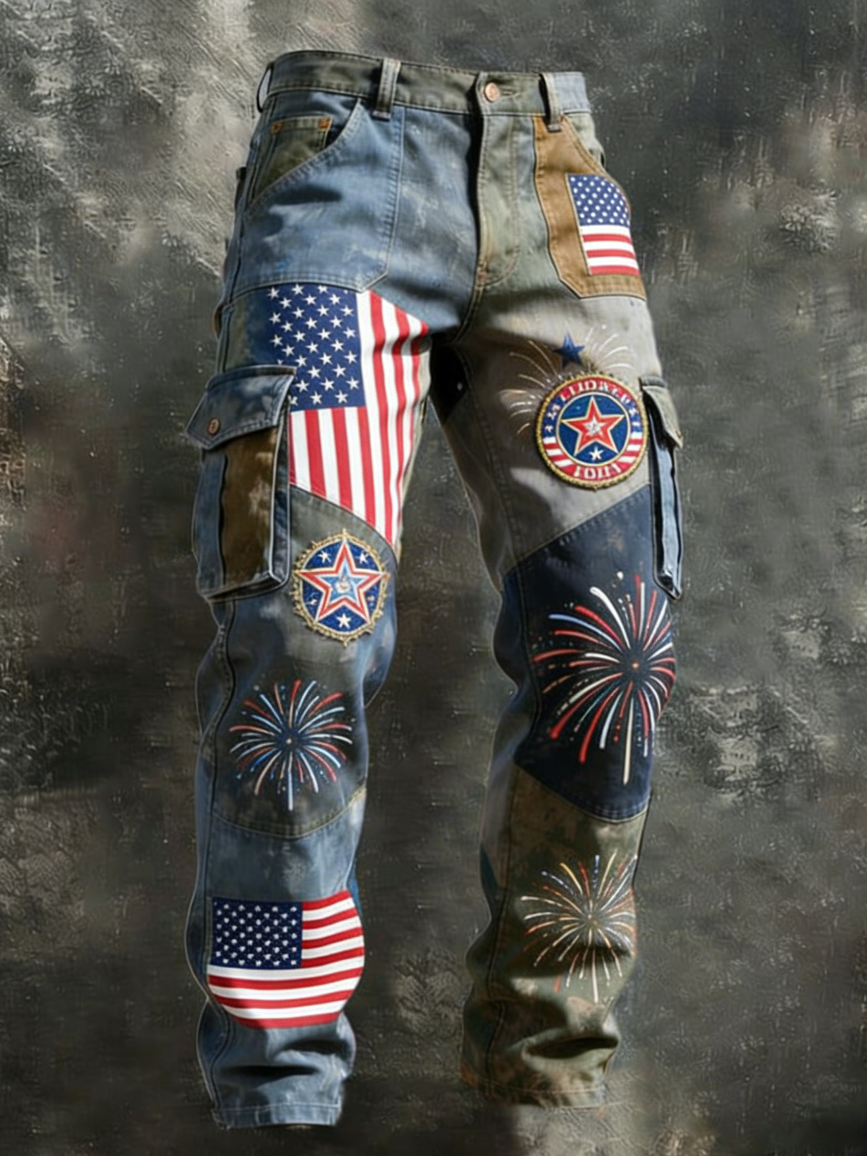 Men's USA Flag Firework Print Casual Cargo Pants
