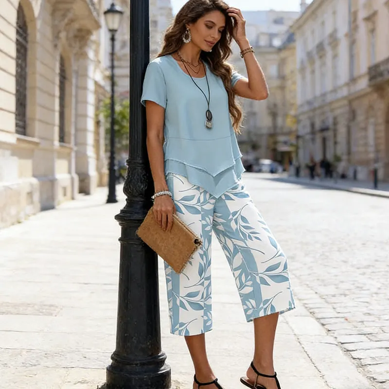 👗LIMITED-TIME 50% OFF! 🍃 Casual 2-Piece Set – Layered Tunic Top & Printed Wide-Leg Pants, Lightweight Polyester 🌸