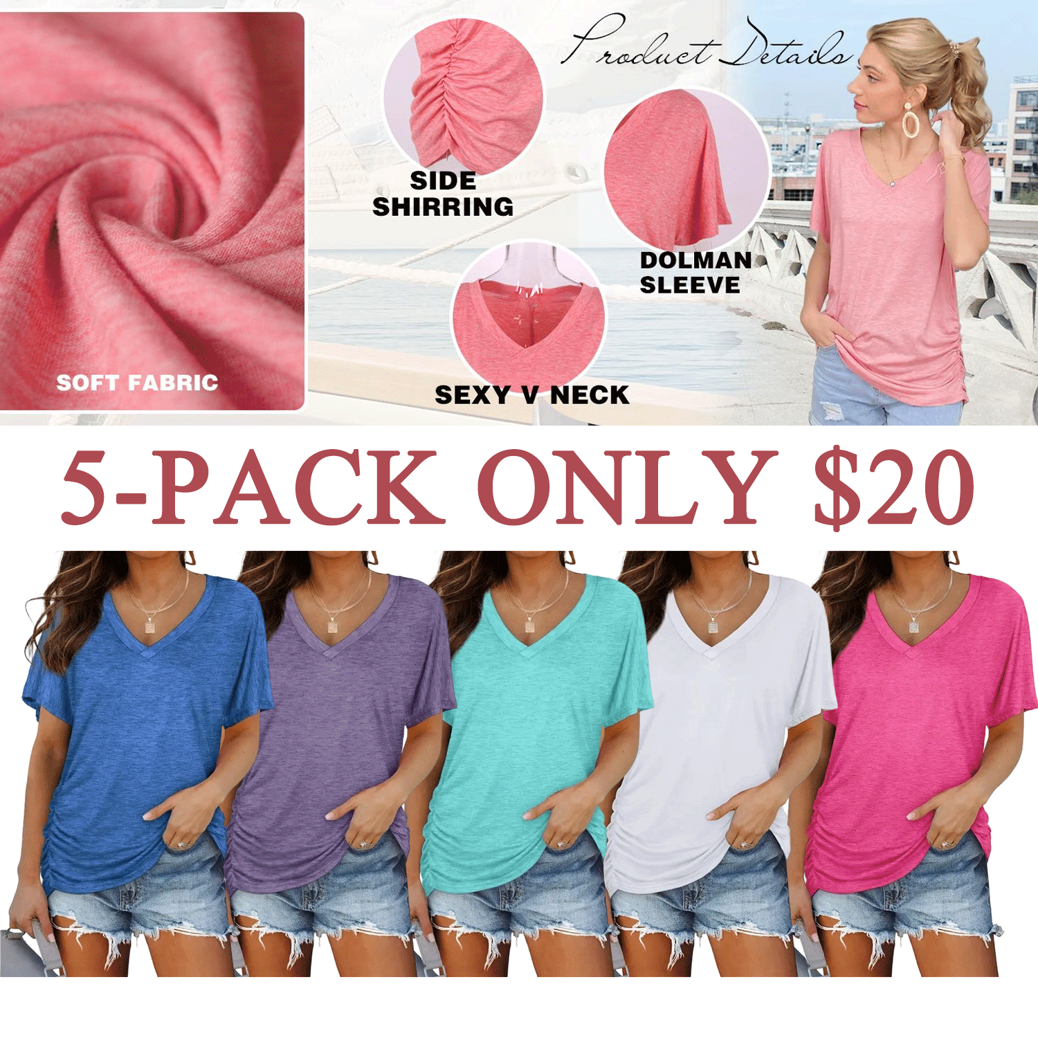 🔥Women’s V-Neck Dolman Sleeve Top with Side Shirring – Loose Fit Casual Shirt🔥🔥