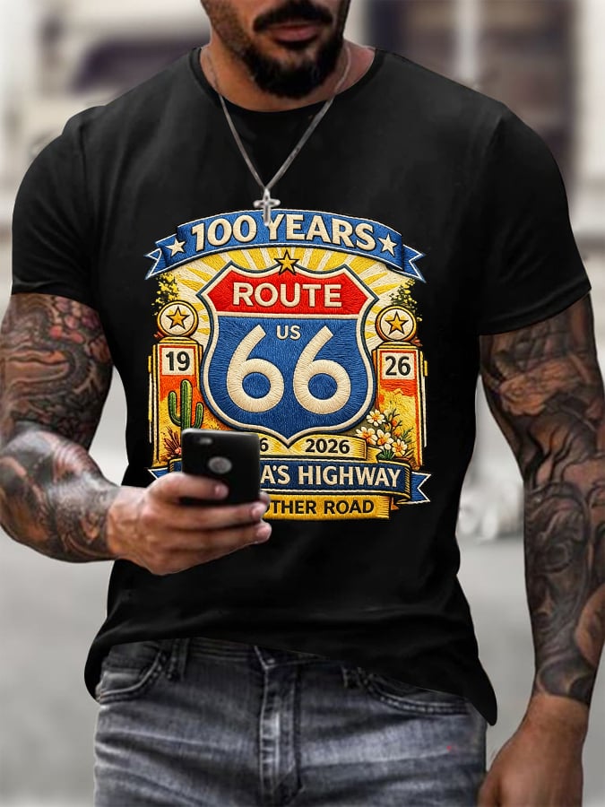 Men's Route 66 Centennial Mother Road Print Round Neck T-shirt