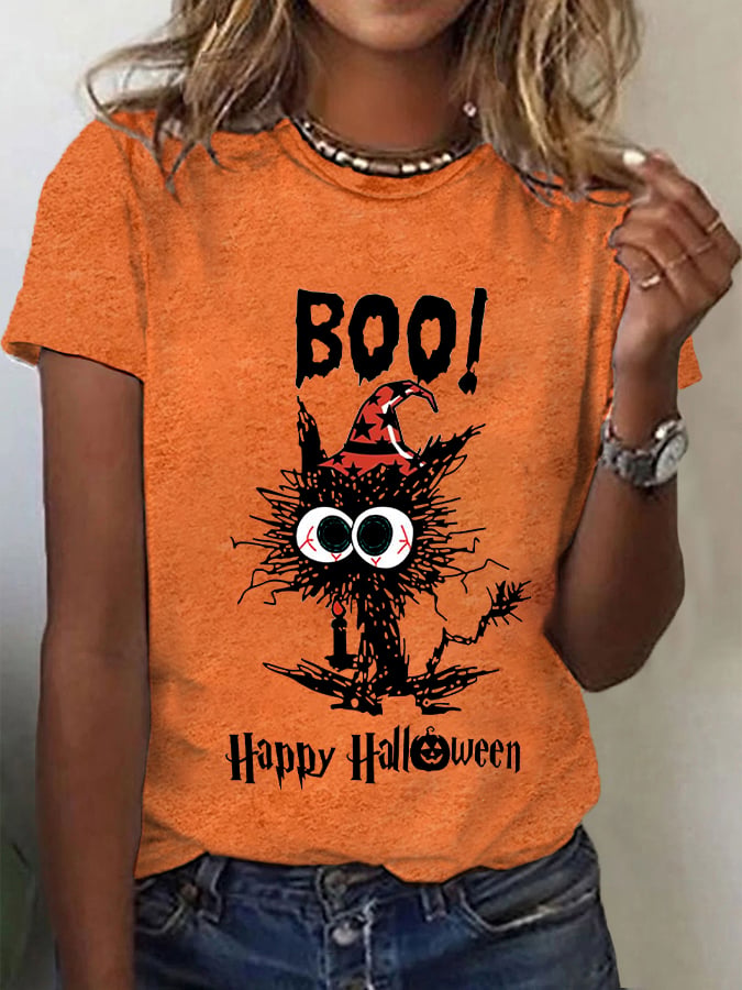 Women's Funny Halloween Boo Black Cat T-shirt