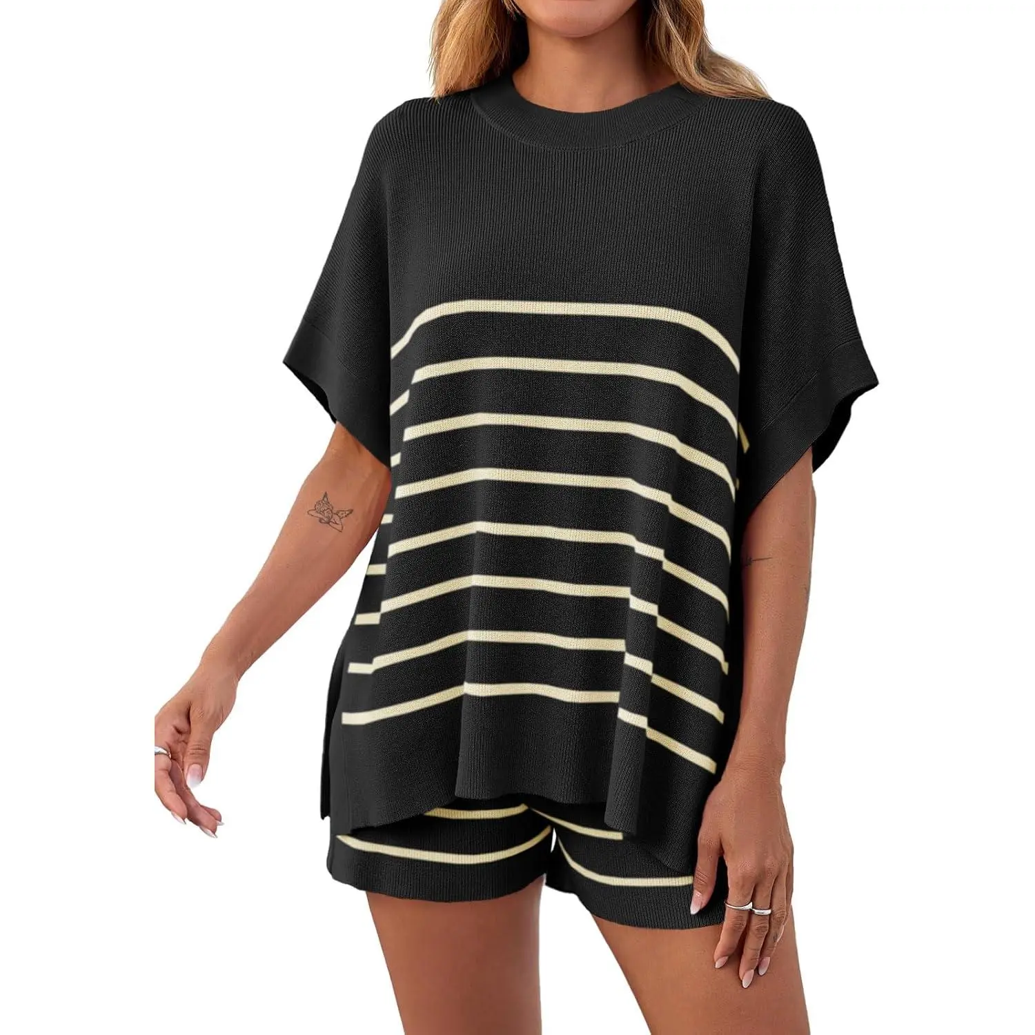 Women's Striped 2 Piece Outfits Oversized Batwing Short Sleeve Tops High Waisted Shorts Summer Knit Lounge Short Sets