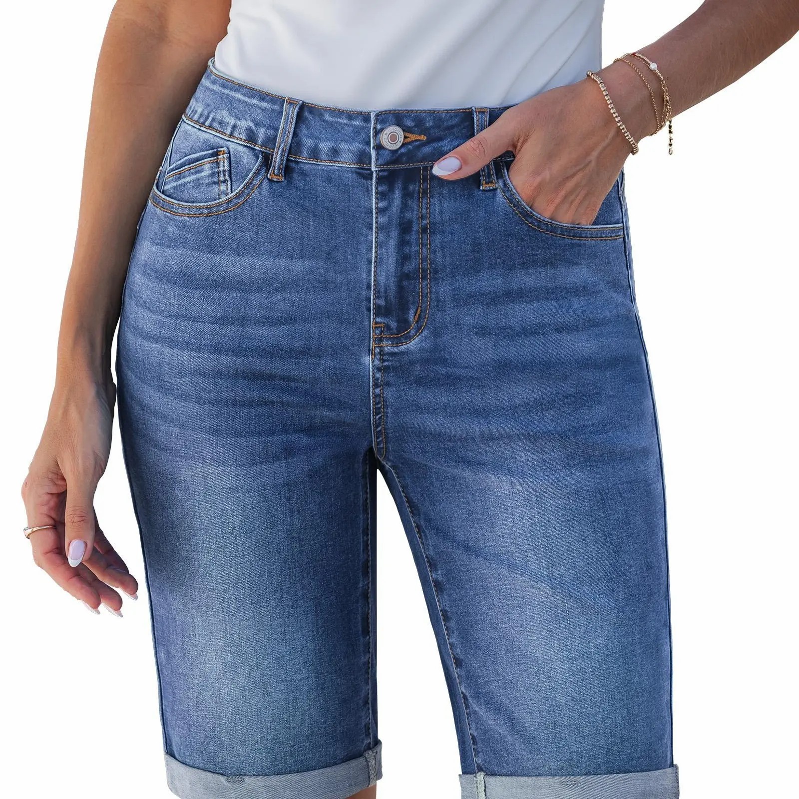 Bermuda Jean Shorts for Women Knee Length High Waisted