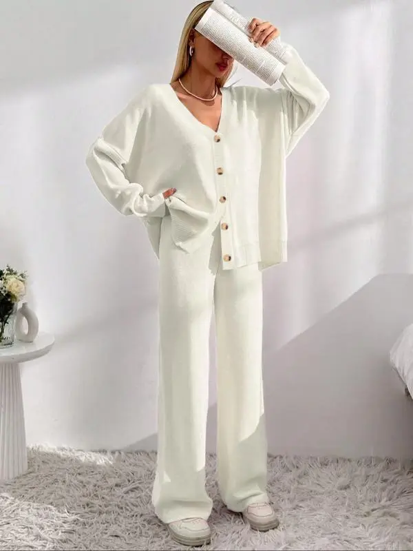 Women's  V Neck Cardigan & Elastic Waist Wide Leg Pants Two-piece Set