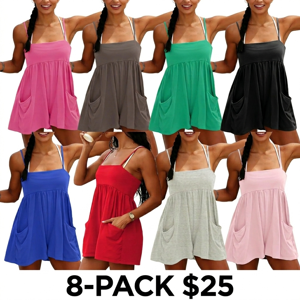 Women's Square Neck Backless Romper – Oversized Cotton Jumpsuit with Pockets & Adjustable Straps