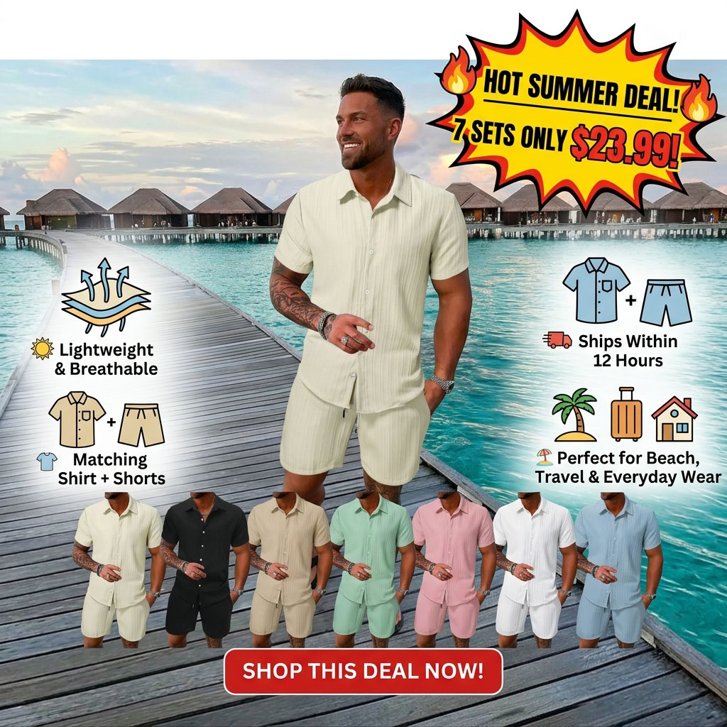 7-Pack Men's Summer Casual Set – Textured Shirt & Shorts | 7 Sets Only $23.99