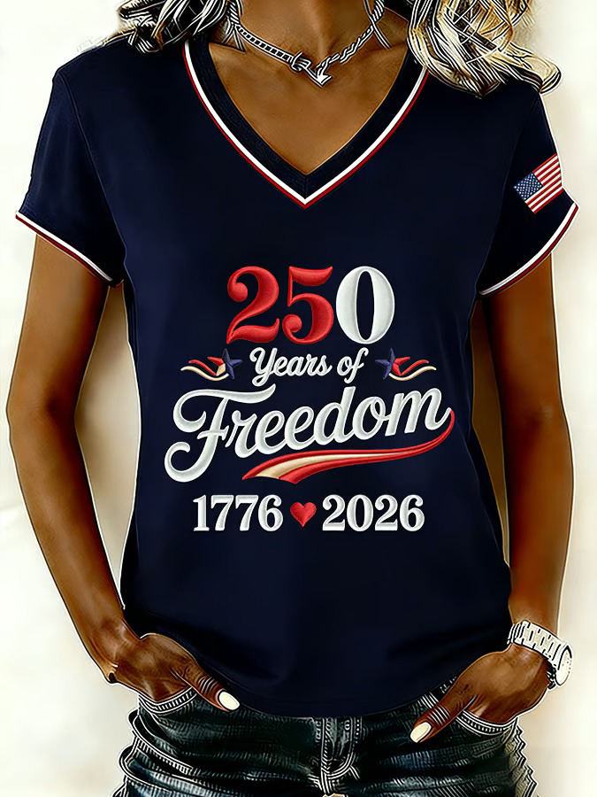 Women's Retro American 250th Anniversary Printed V-neck T-shirt