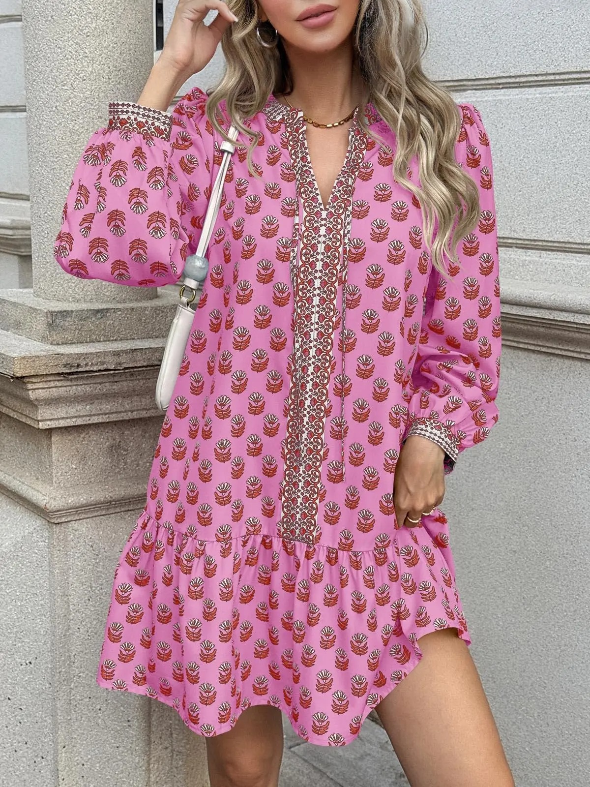 Women’s Floral Boho Babydoll Mini Dress – Long Sleeve Casual V-Neck with Pockets