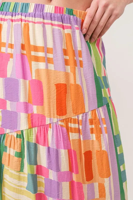 Asymmetric Geo Printed Tiered Maxi Skirt