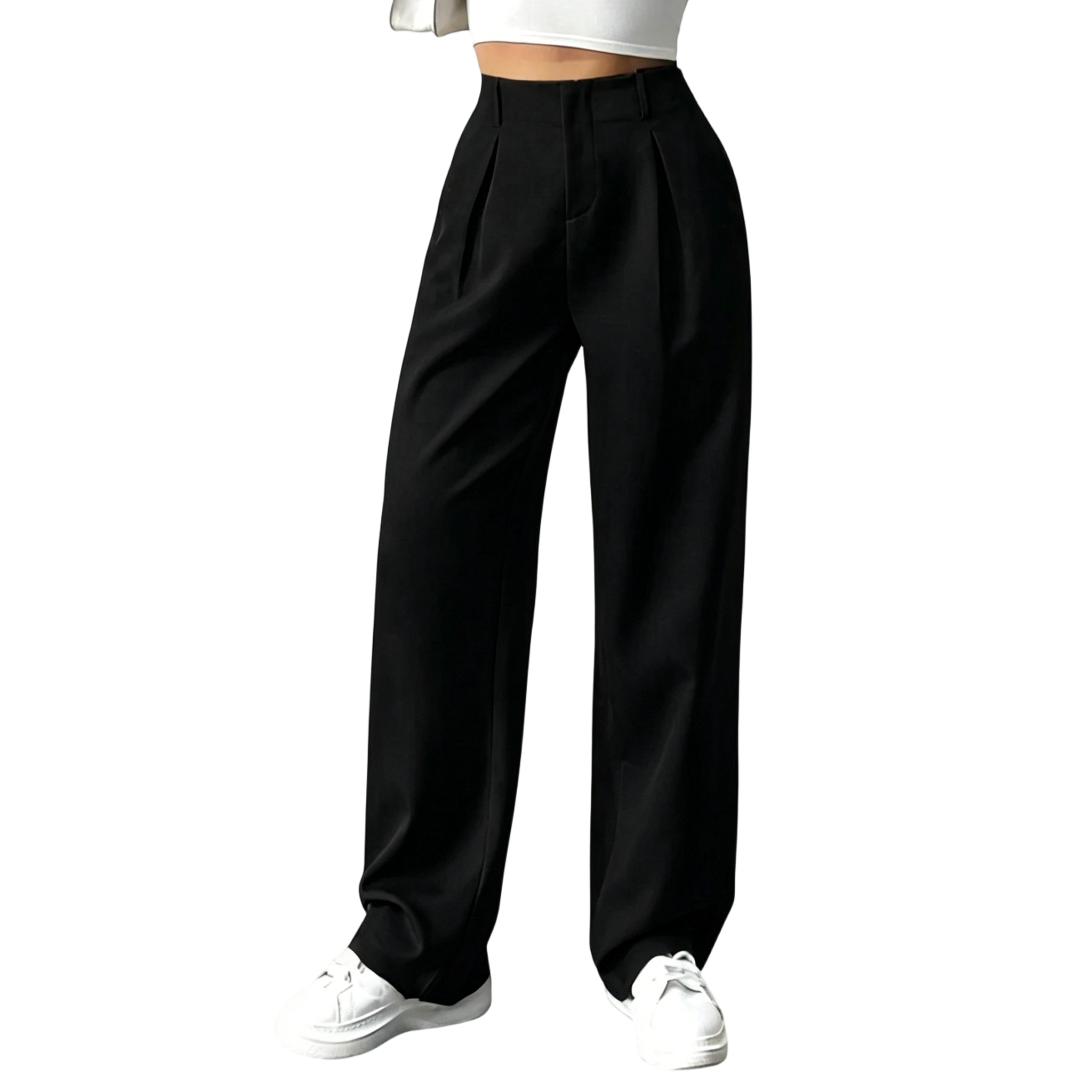 Women's Solid-Color Pleated Wide-Leg Pants with Pockets