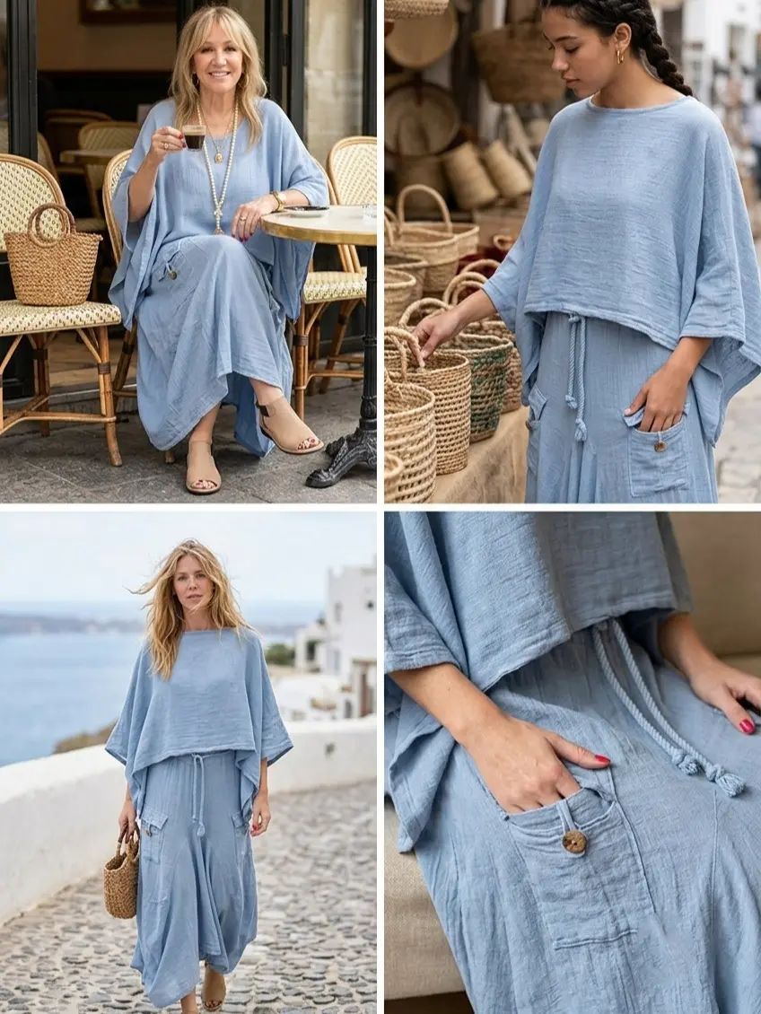 Women’s 2-Piece Loose Vintage-Style Batwing Sleeve Skirt Set