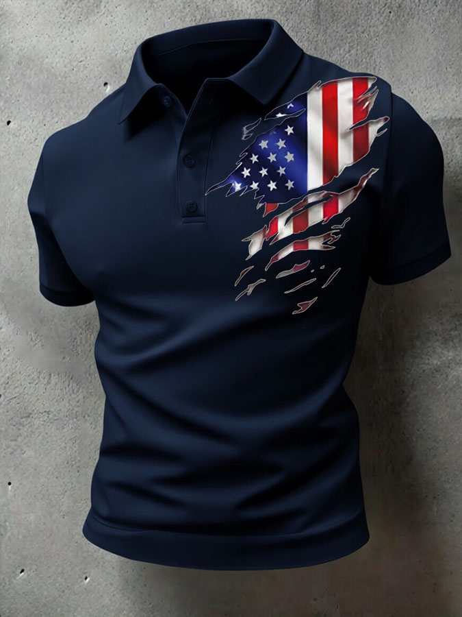 Men'S Retro American Flag Printed Casual Polo Shirt
