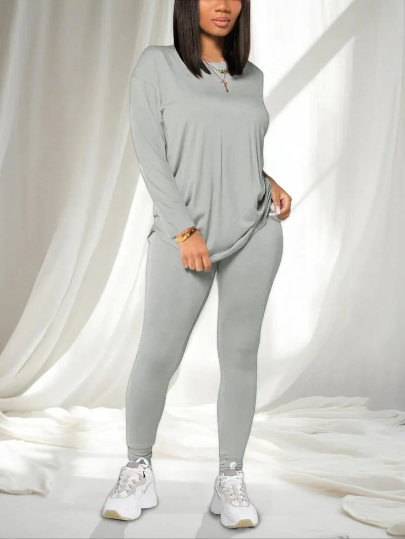Women's Solid Drop Shoulder Tee & Elastic Waist Skinny Pants Two-piece Set