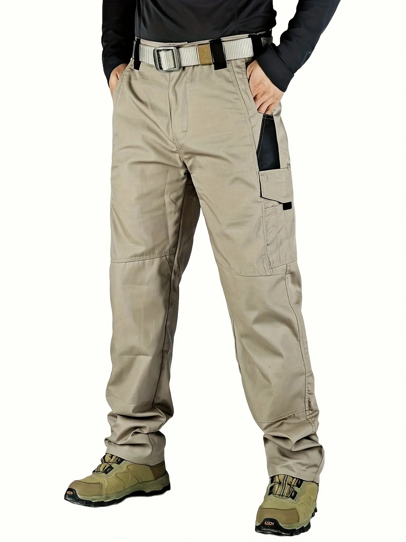 Men's Solid Color Waterproof Tactical Work Pants - 3-Piece Set, Belt-Free, Multi-Pocket, Durable Outdoor Hiking & Casual Pants (Regular Fit)
