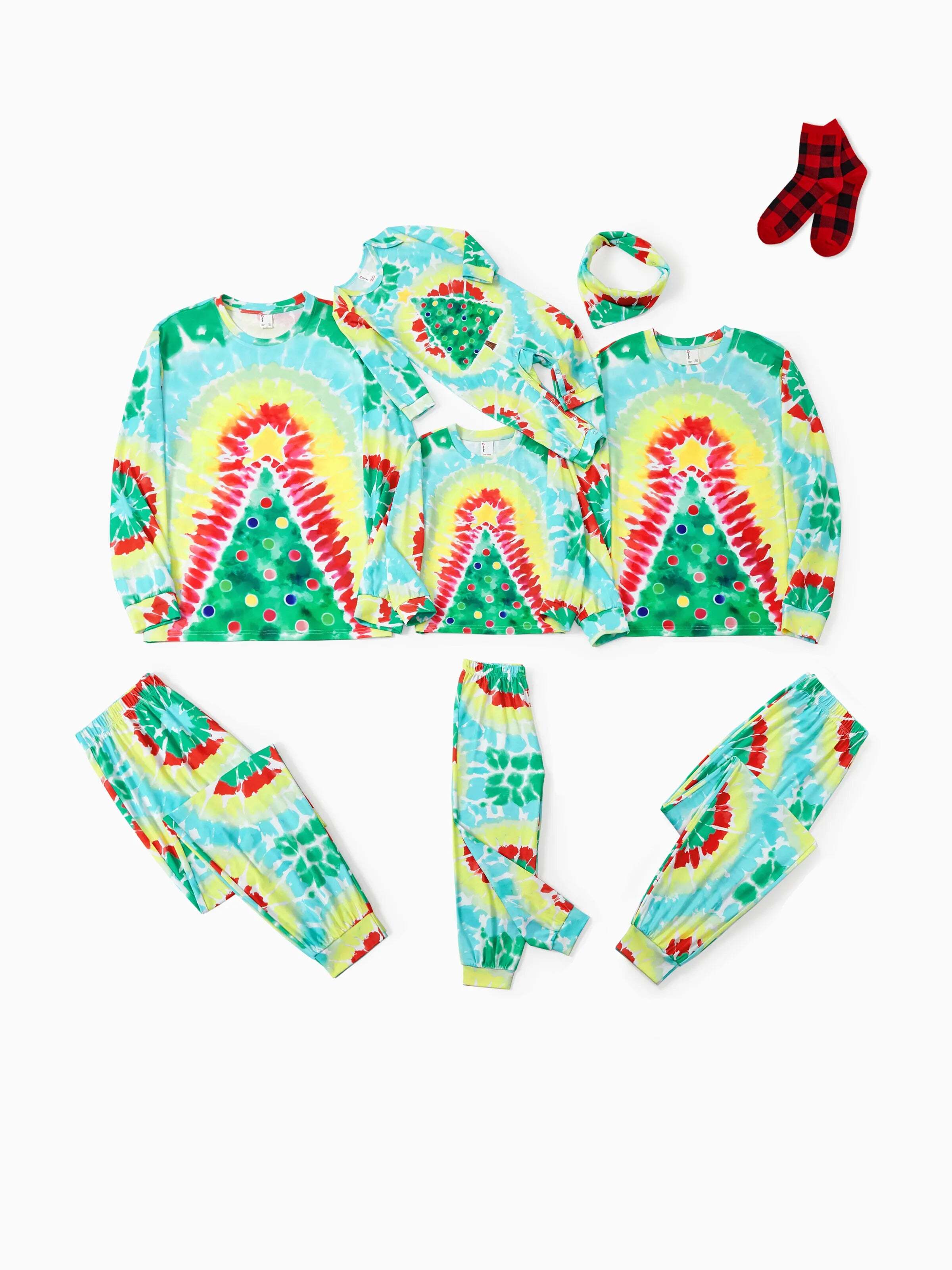 Christmas Matching Family Pajamas Set Colorful Christmas Tree Print PJS with Christmas Socks Multi-color
