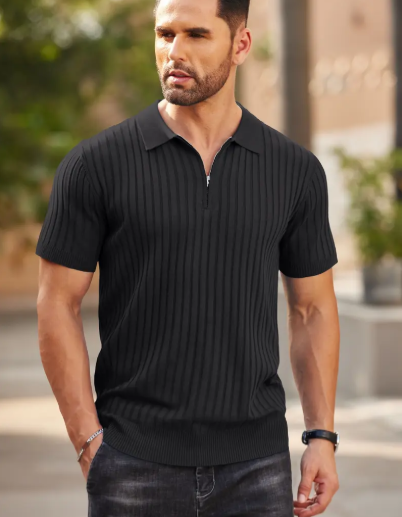 New York Fashion Week Men's Zipper Polo Shirts Short Sleeve Ribbed Knit Polo