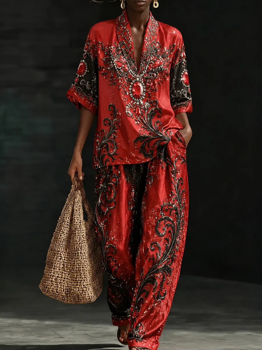 Red & Black Baroque Crystal  Two-Piece Set – Luxury Statement Resort Wear with Ornate Jewel Details