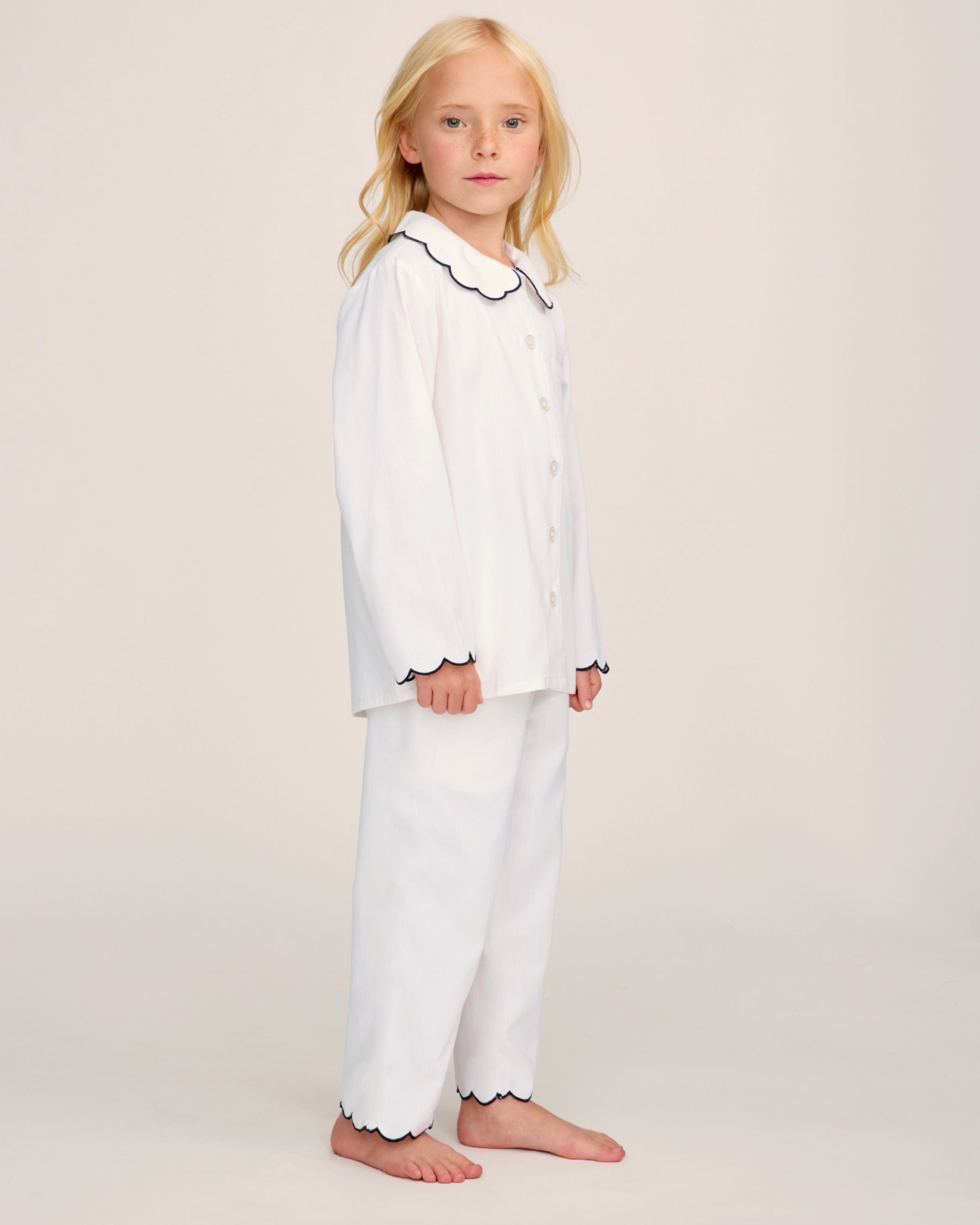Kid's Twill Colette Pajama Set in White with Navy Piping