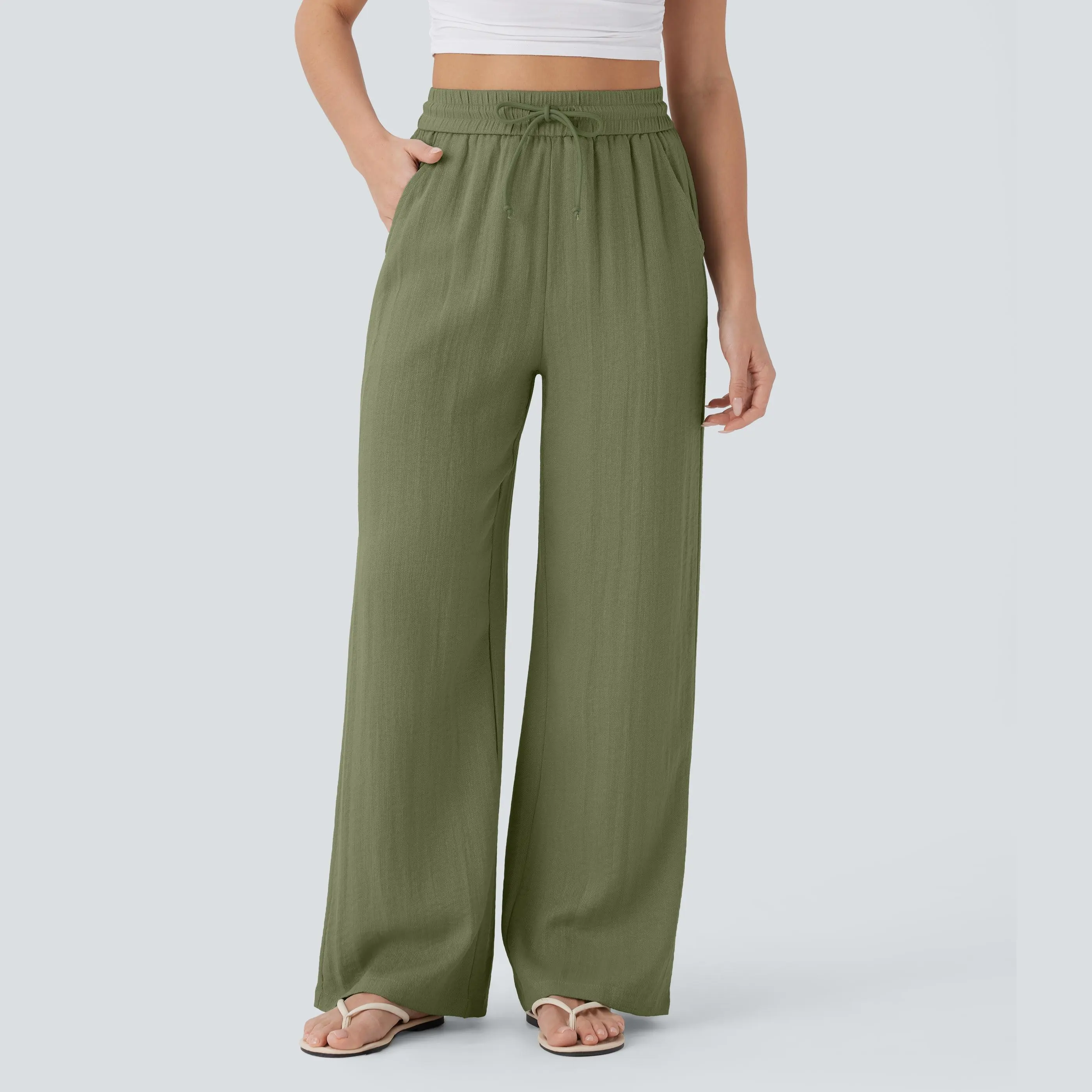 [Creator's Pick] High-Waisted, Drawstring, Pocketed, Wide-Leg Casual Trousers (Faux Linen)
