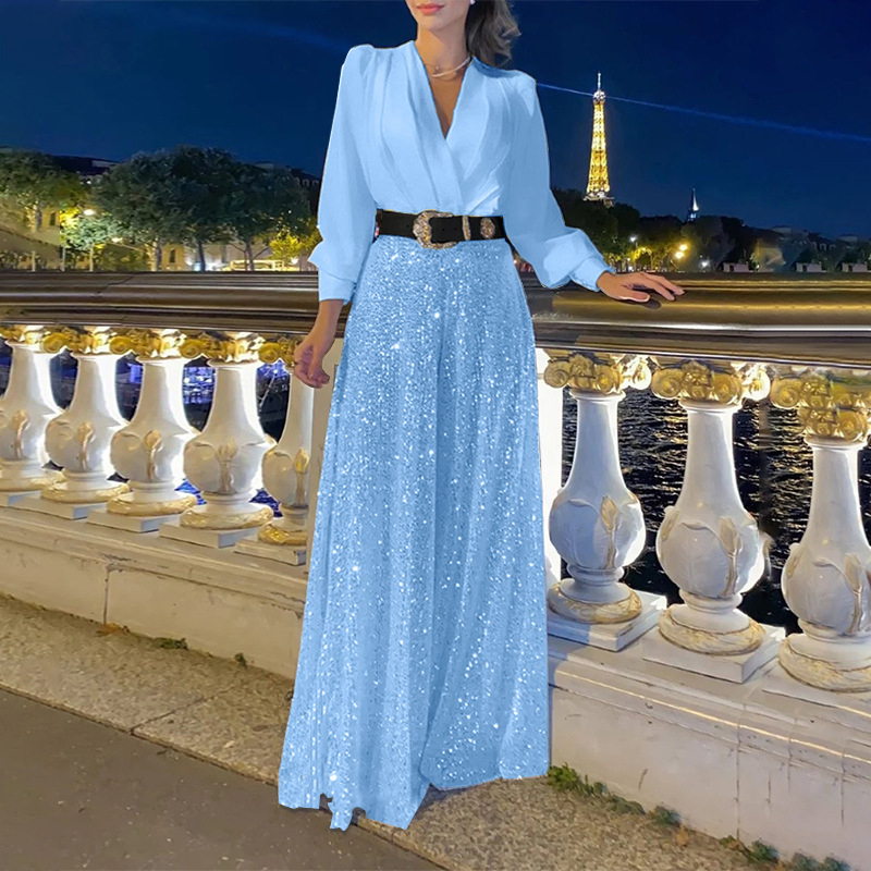Stylish V-Neck Long Sleeve Shirt & Sequin Wide Leg Pants Set  Clearance Sale
