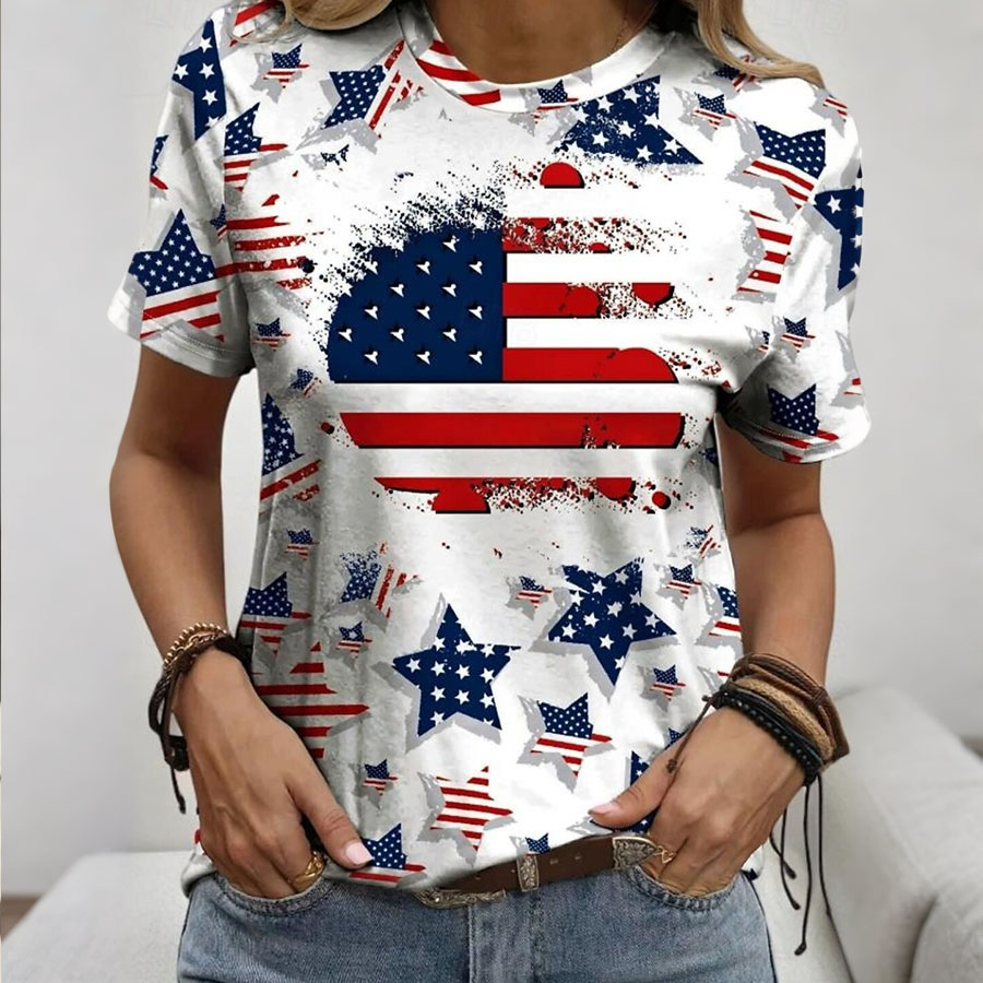 Women's Retro American Independence Day Commemorative Printed Round Neck Short Sleeve T-shirt