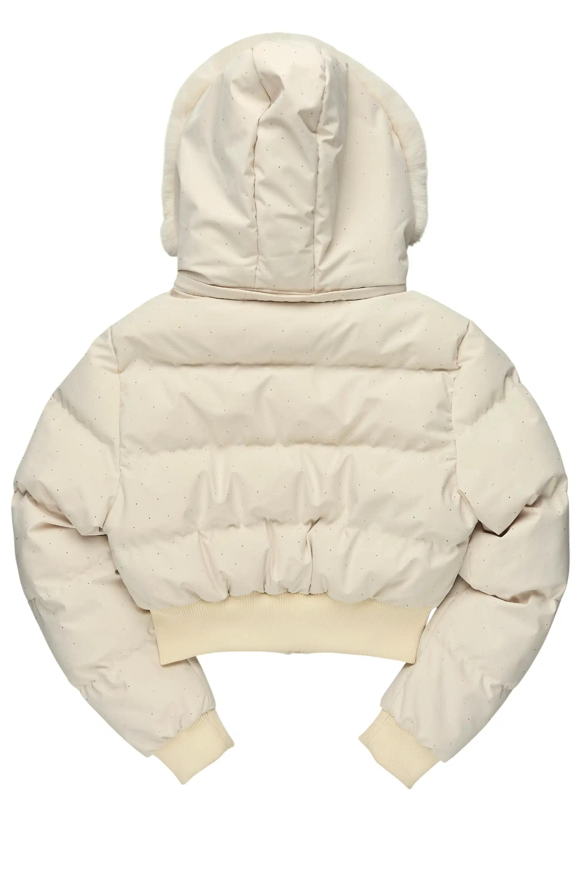 Gabrielle Beige Rhinestone Puffer Jacket With Fur Hood