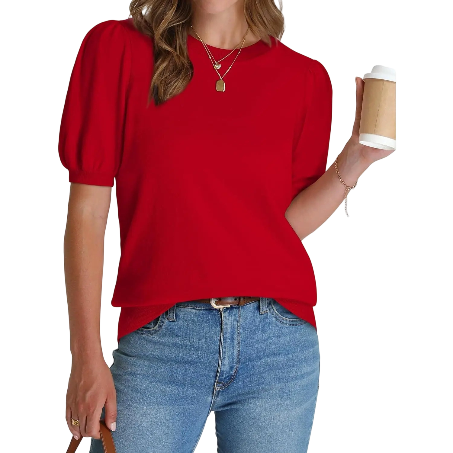 Women's Puff Short Sleeve Lightweight Knit Top Soft Breathable