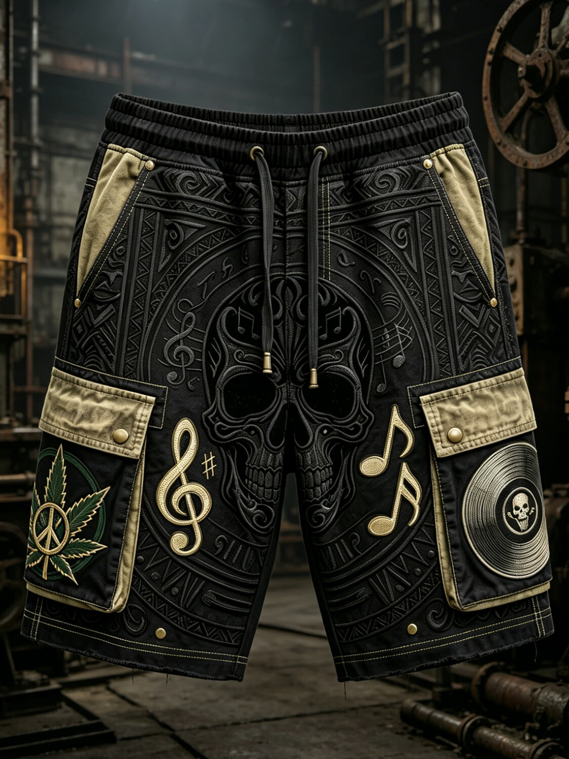 Men's Tribal Skull Music Note Cannabis Print Drawstring Waist Shorts