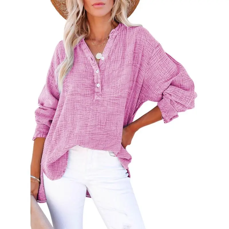 Women's Casual Button V Neck Long Sleeve Shirts Oversized Solid Blouses Tops