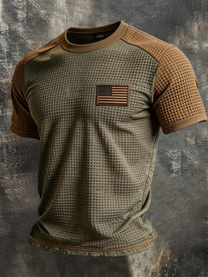 Men's Retro Color-Block Knitted T-Shirt with Textured Finish