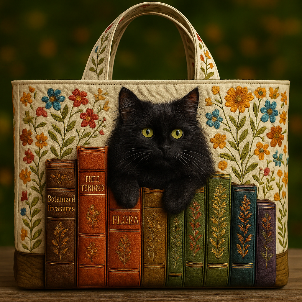 Whispers of the Floral Library — 3D Garden Cat Quilted Tote Bag ✨