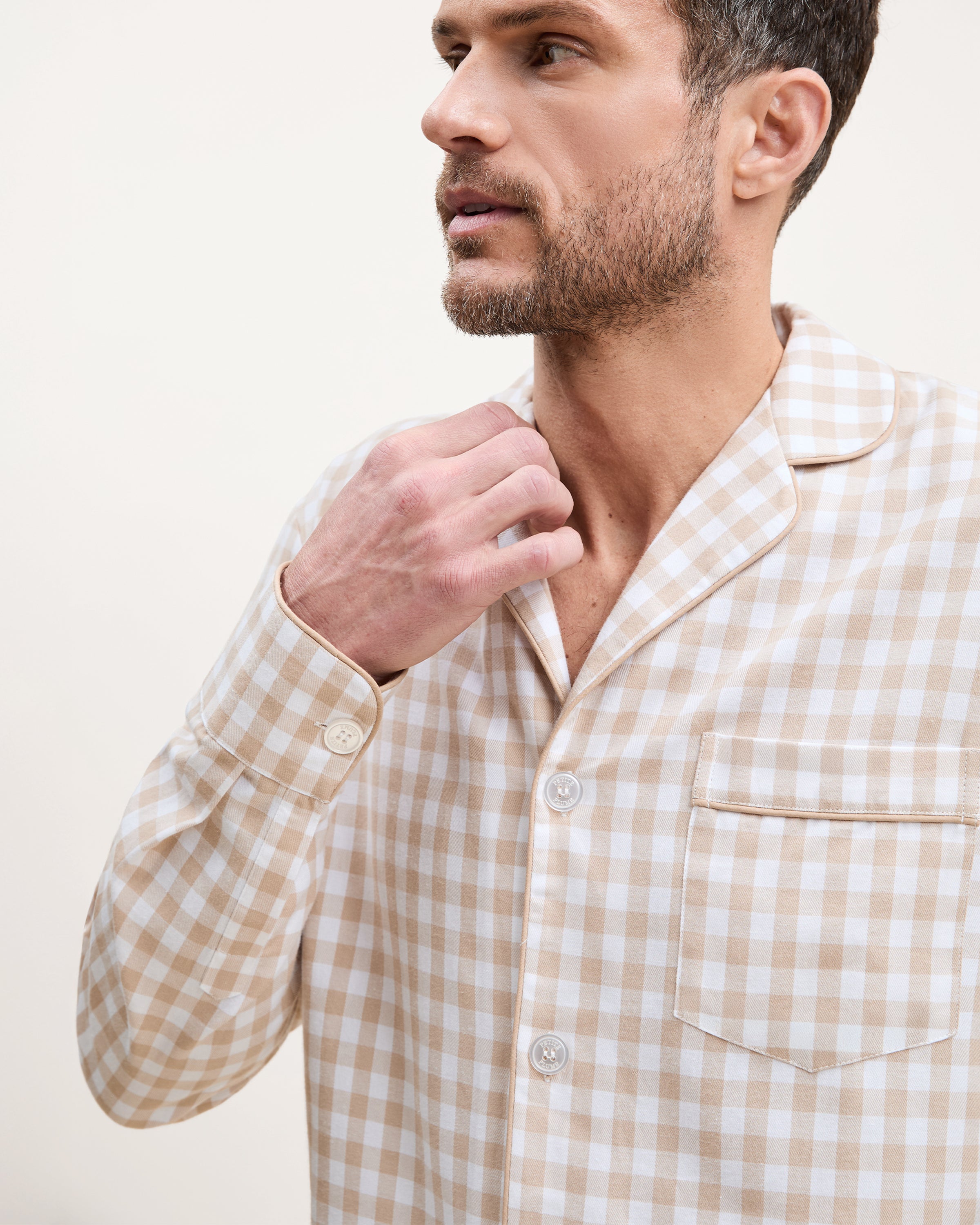Men's Twill Pajama Set in Camel Gingham