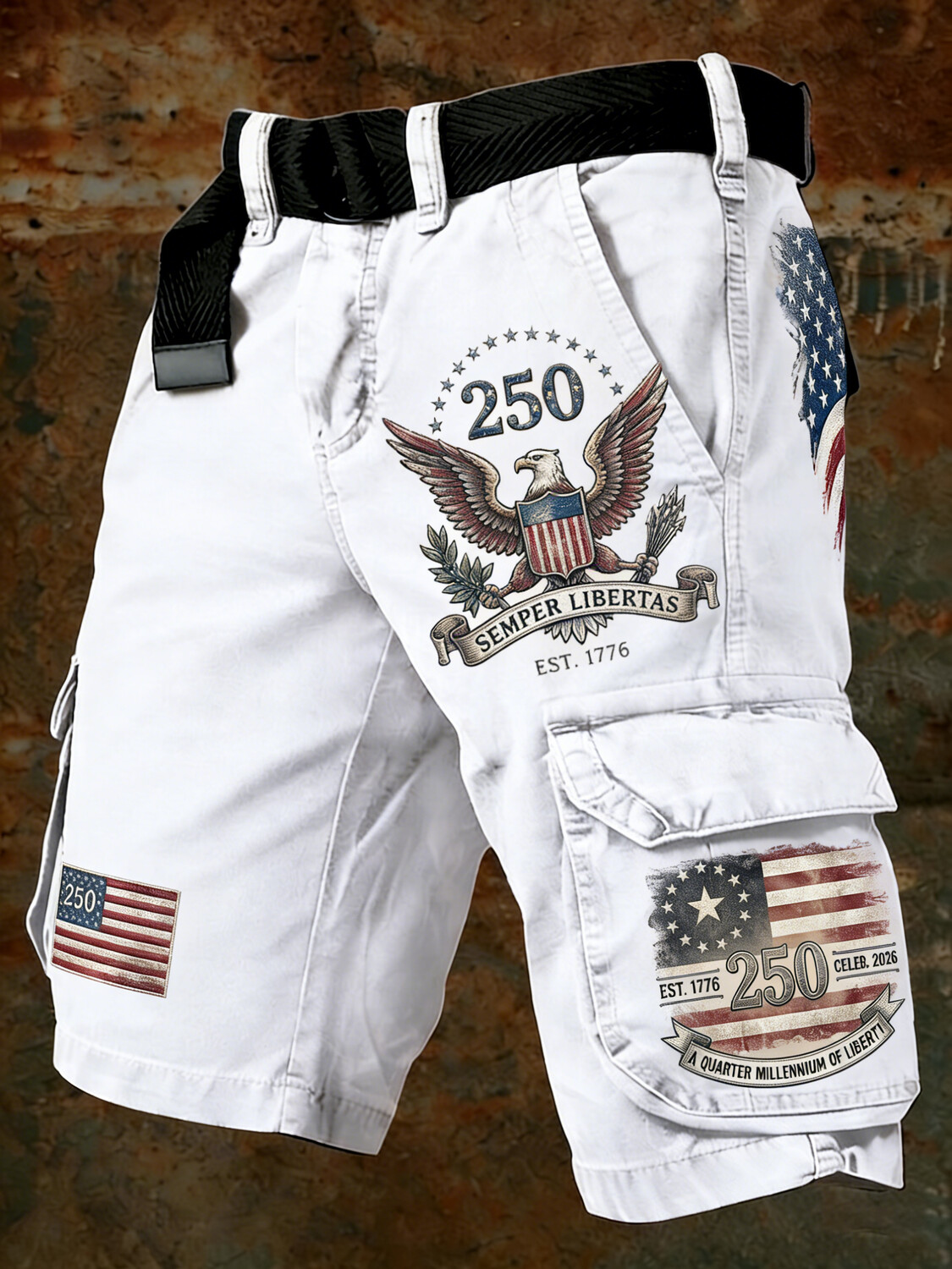 Men's Anniversary American Flag Eagle Print Denim-Like Cargo Shorts