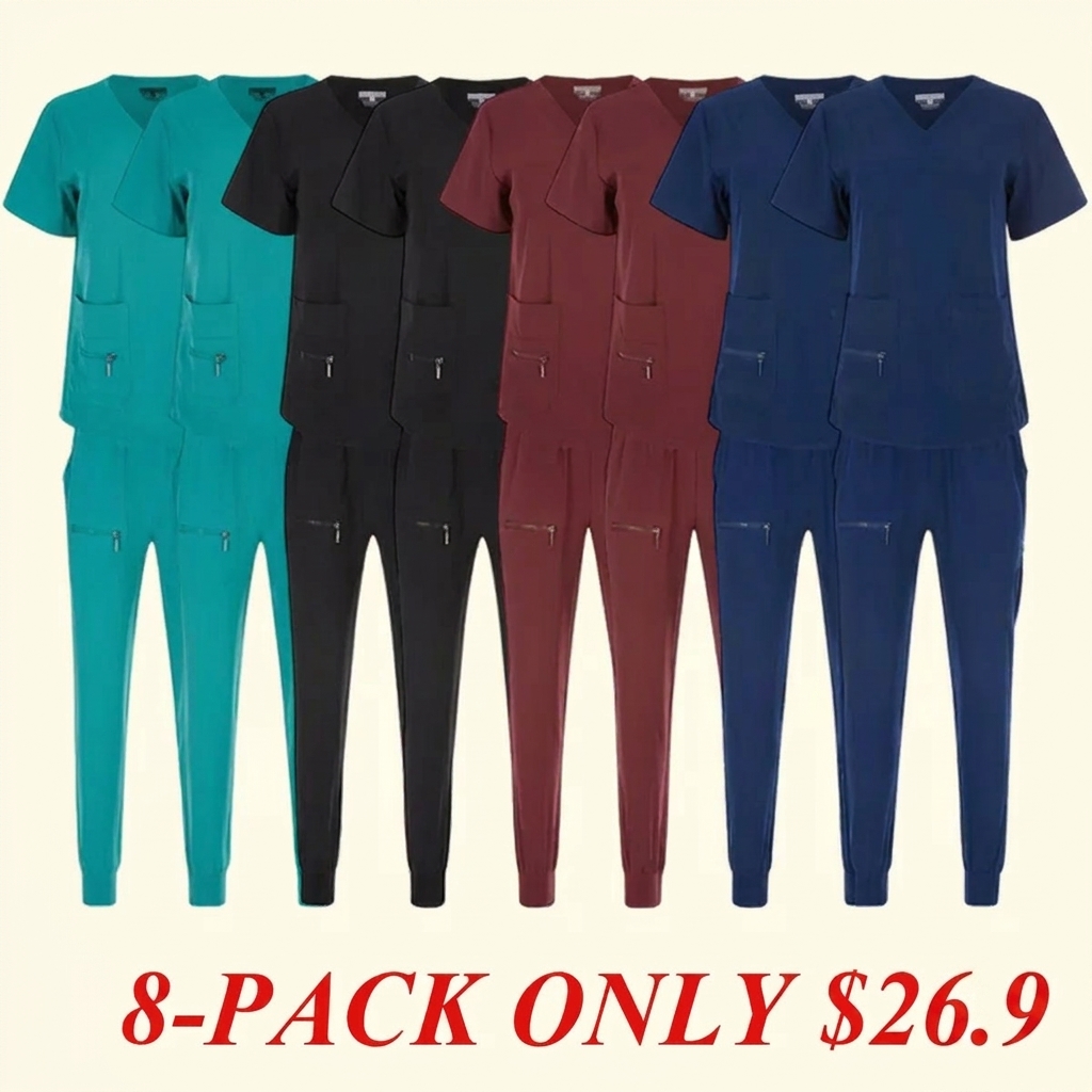 Women's Stretch Jogger Scrubs Set Solid V-Neck Nursing Uniform Quick Dry Breathable