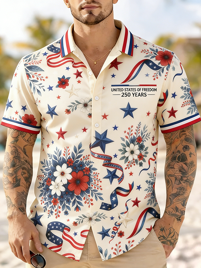 Men'S Casual American Flag Ribbon Art Print Hawaiian Shirt