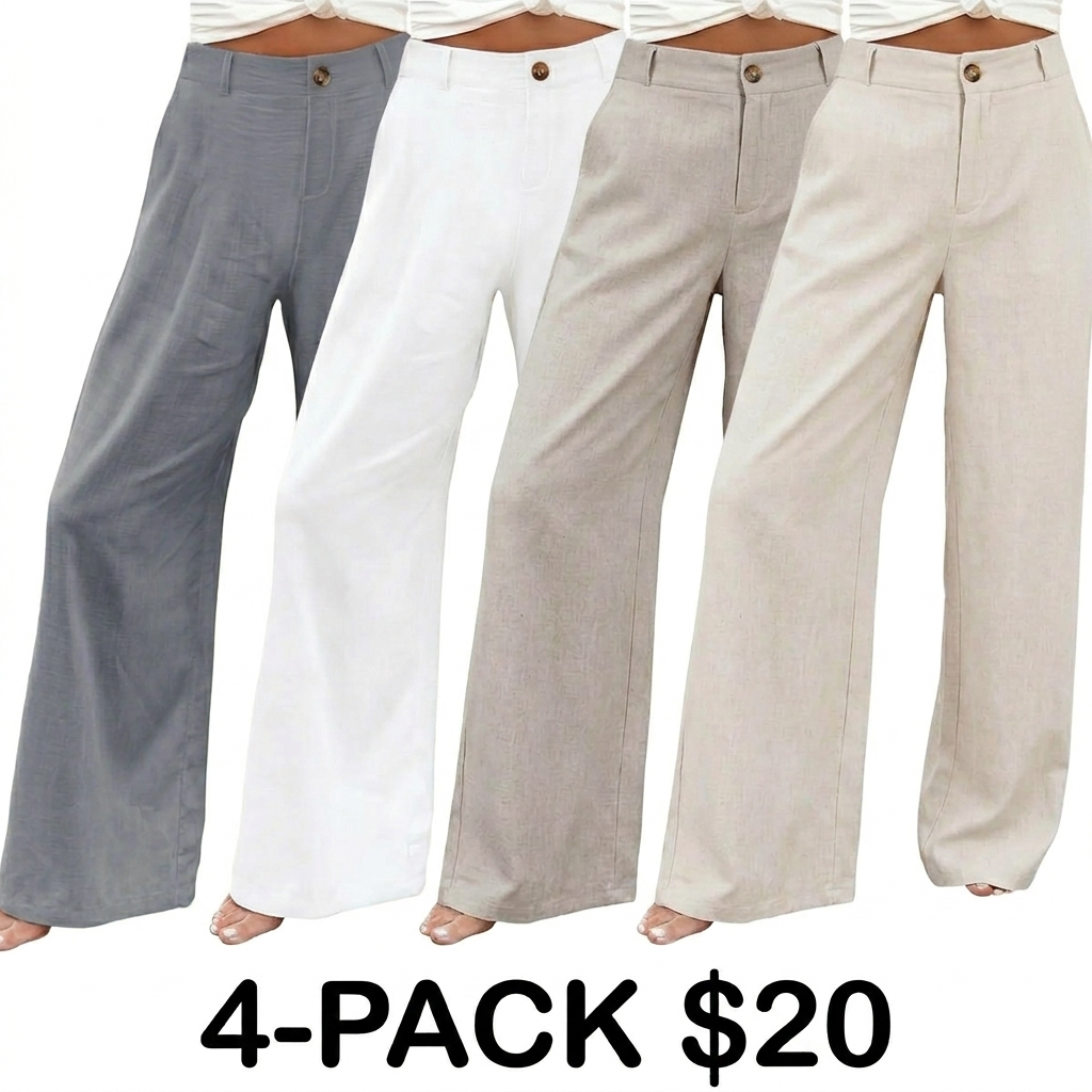 Women's High Waisted Wide Leg Linen Pants – Casual Button Up Cotton Trousers