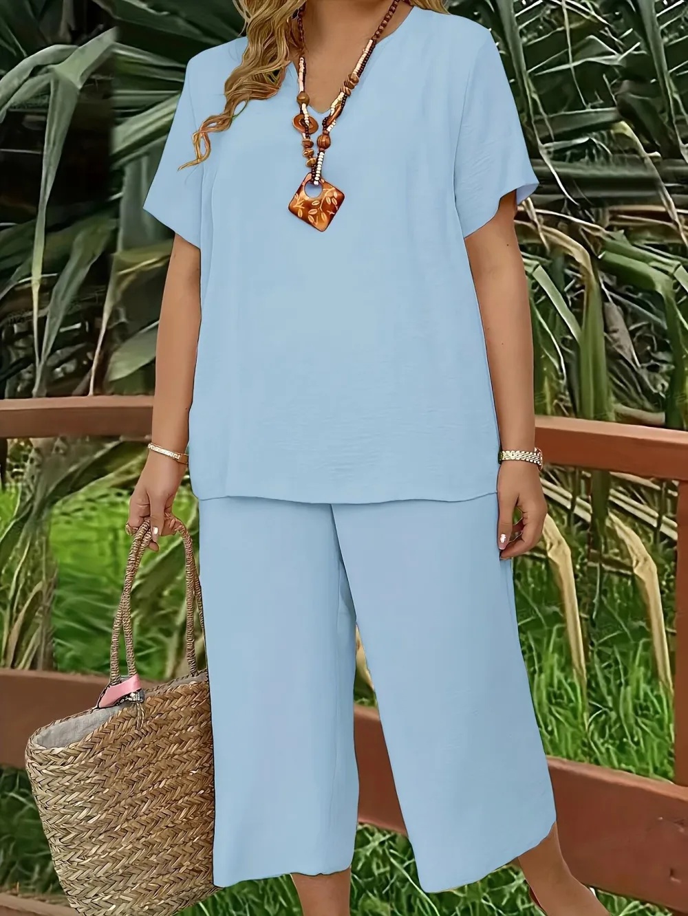 Women's Solid Color Short Sleeve Fashion Top & Casual Wide Leg Pants Set, Summer, Comfortable & Stylish