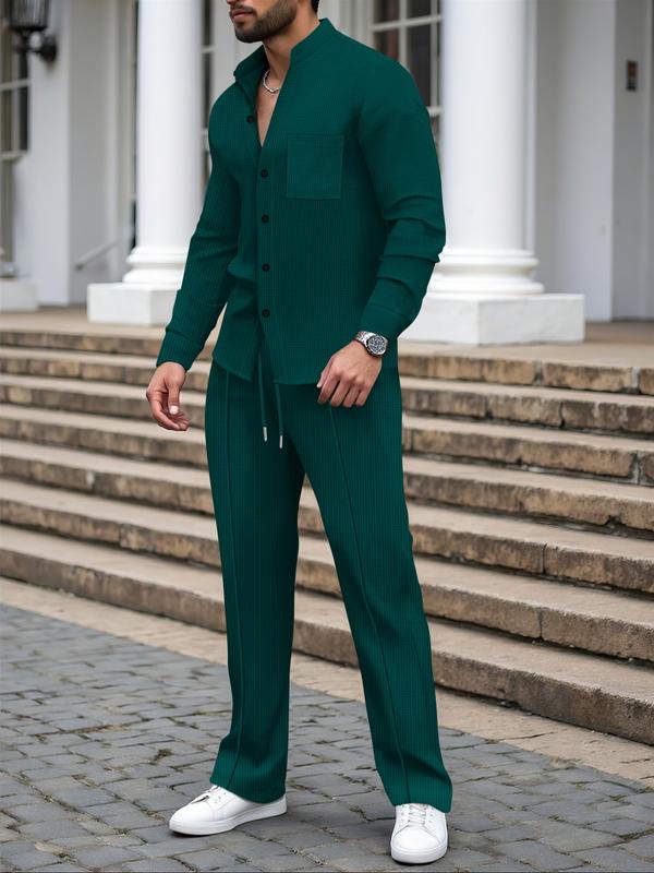 Men’s Waffle Knit Stand Collar Jacket & Drawstring Pants Set