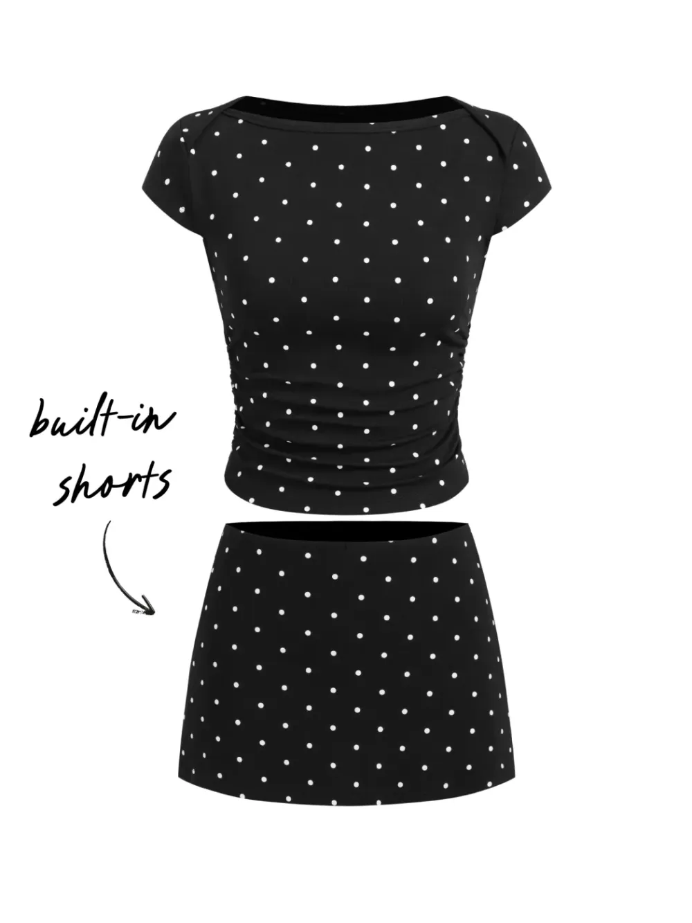 Cotton-Blend Polka Dot Boat Neck Tee & Mini Skort Set