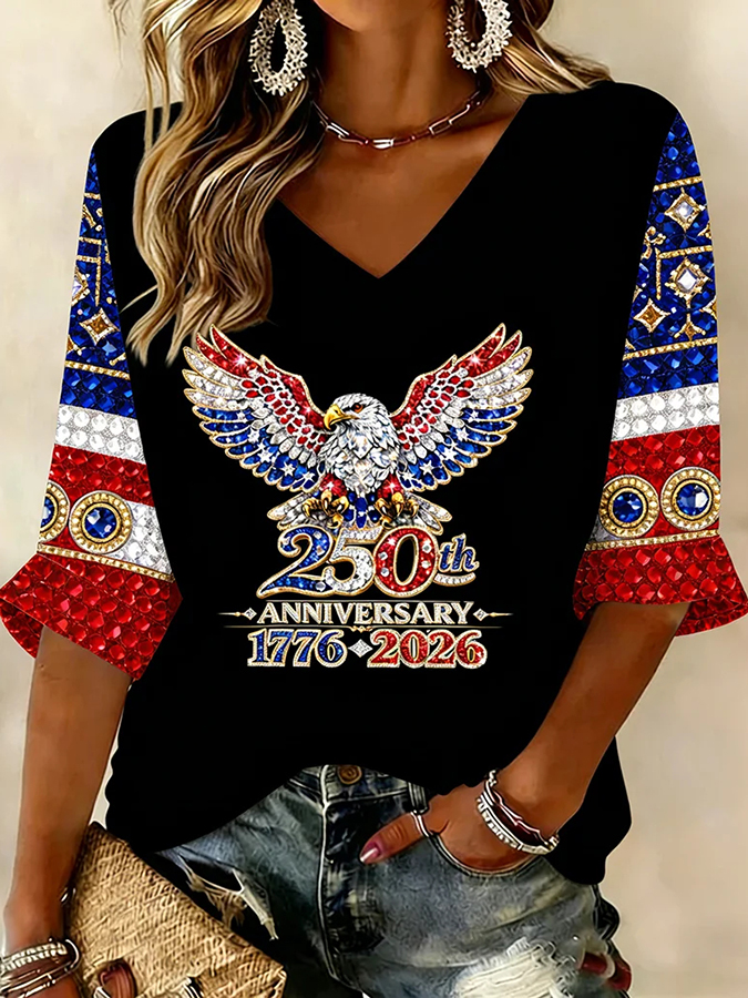 Ladies' Casual American 250Th Anniversary Celebration V-Neck Half Sleeved T-Shirt