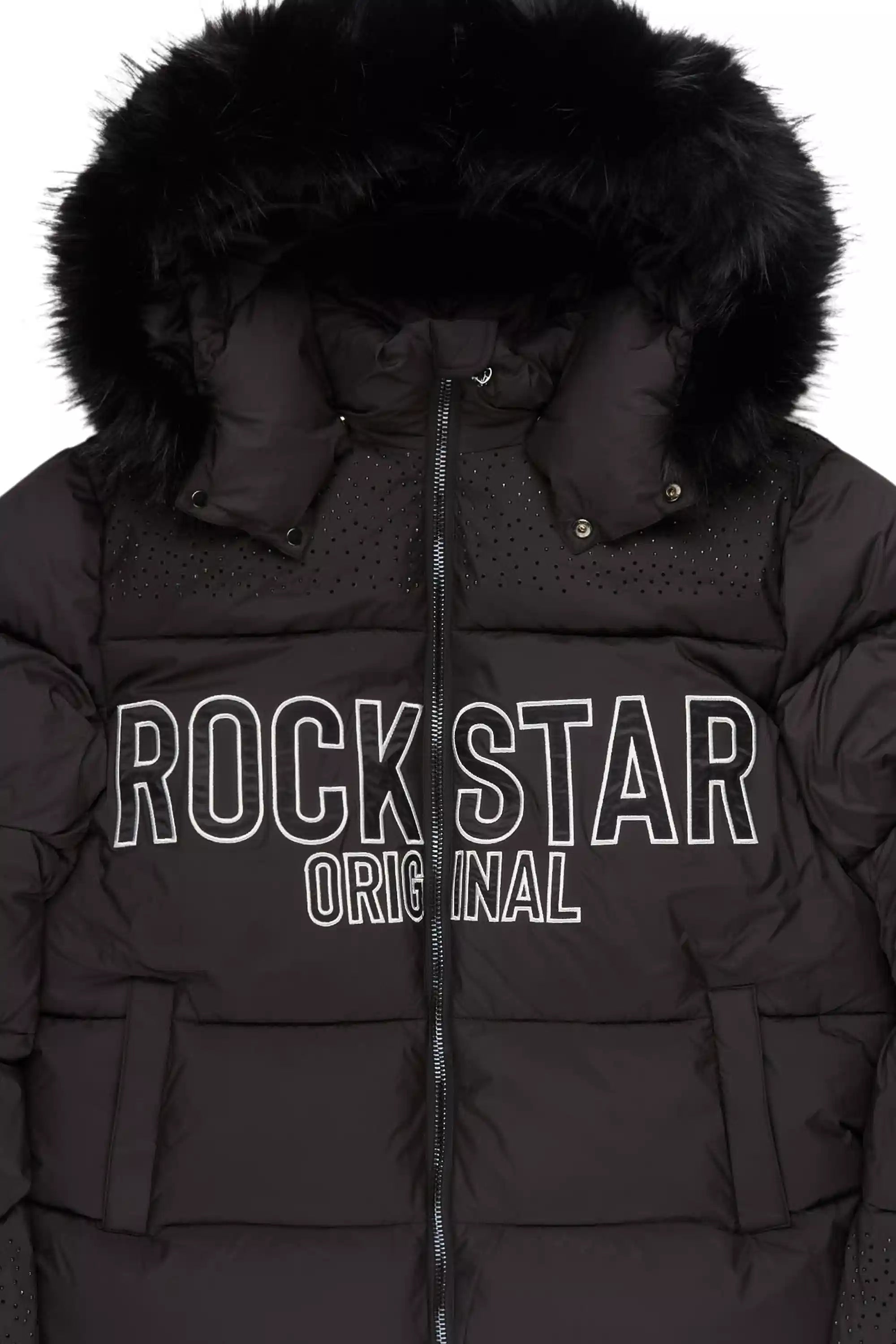 Natia Black Oversized Rhinestone Puffer Jacket