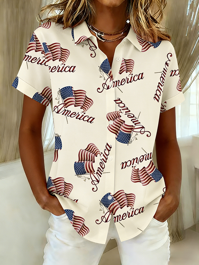 Ladies' Casual Commemorative American Flag Floral Collar Shirt