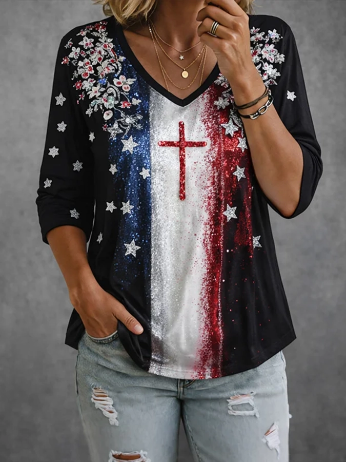 Ladies' Casual US National Day Flag Print V-Neck Long Sleeved T-Shirt